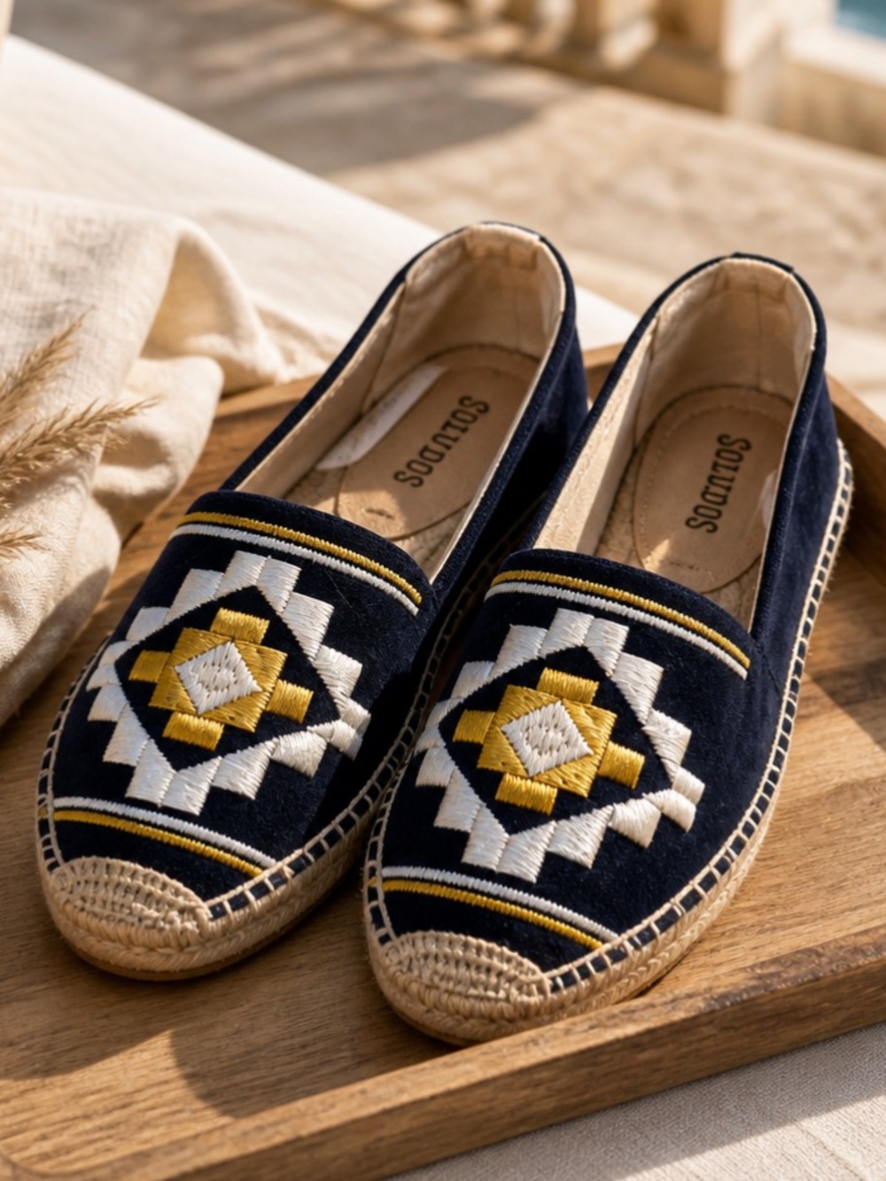 SALUDOS Shoe Slip On Embroidered Navy Blue Gold Flats Jute Espadrille
